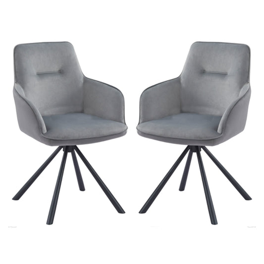 Amalia Swivel Grey French Velvet Upholstered Dining Chairs In Pair