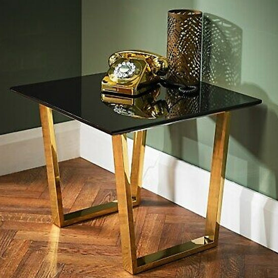 Antibes Wooden Lamp Table In Black High Gloss With Gold Metal Legs