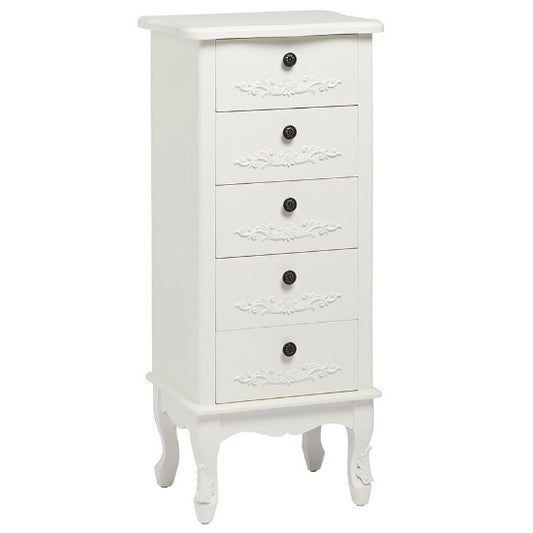 Antoinette Tall Chest Of Drawers In White With 5 Drawers