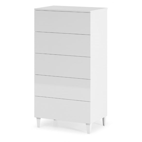 Arctic Tall Wooden Chest Of Drawers In White High Gloss With 5 Drawers