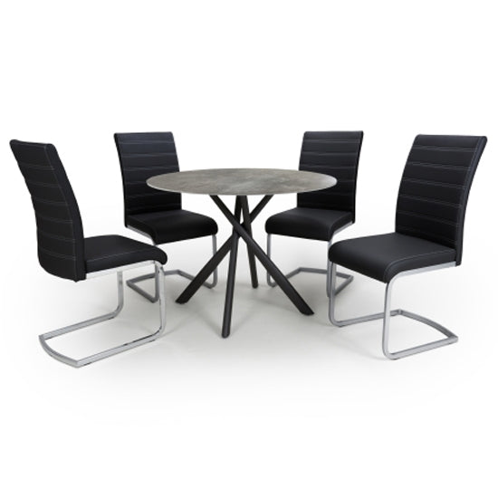 Avesta Round Grey Marble Effect Dining Set With 4 Callisto Black Dining Chairs