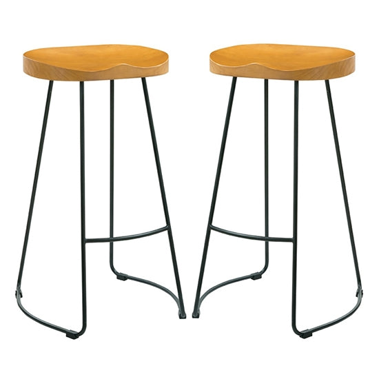 Bailey Pine Wood Seat Bar Stools In Pair With Black Metal Legs