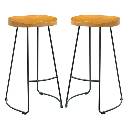 Bailey Pine Wood Seat Bar Stools In Pair With Black Metal Legs
