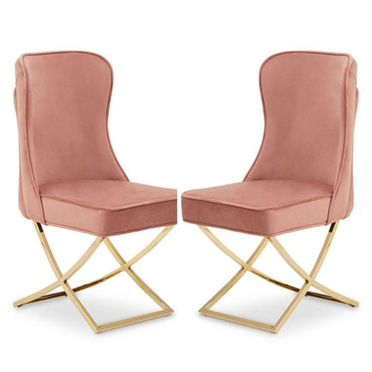 Belle Dusky Pink Velvet Dining Chairs In Pair With Gold Legs