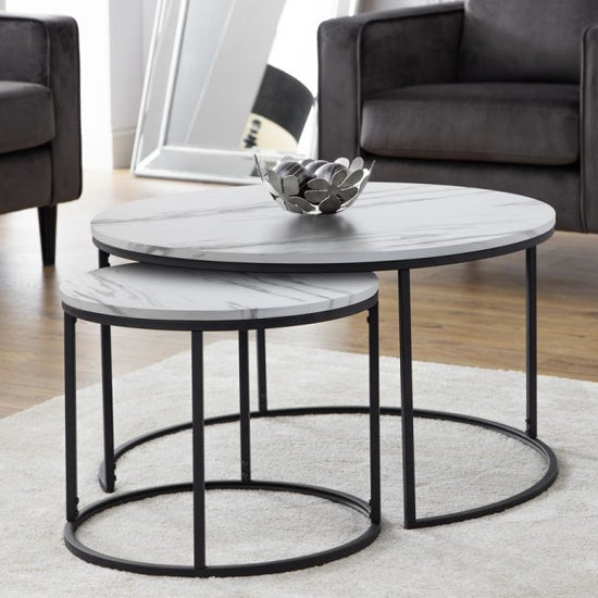 Bellini Round Wooden Set Of 2 Coffee Tables In White Marble Effect
