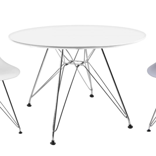Bianca Round Wooden Dining Table In Matt White With Steel Chrome Legs