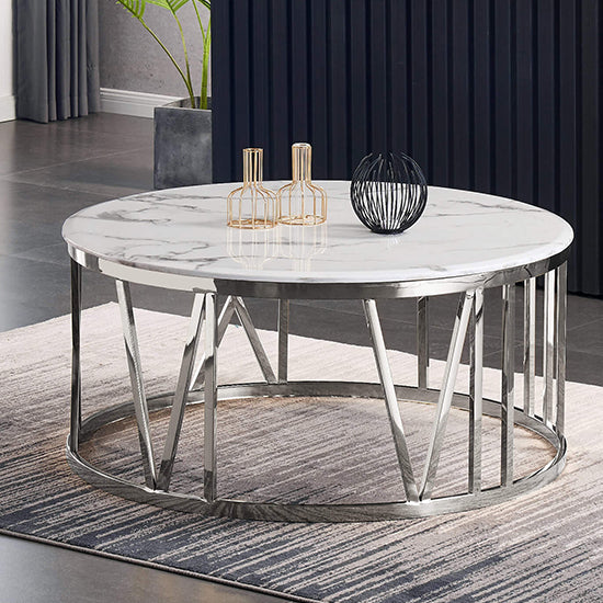 Bonita Round Wooden Coffee Table In White Marble Effect With Silver Frame