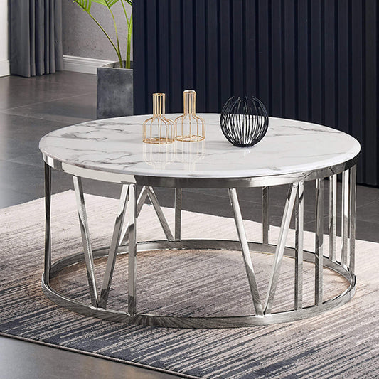 Bonita Round Wooden Coffee Table In White Marble Effect With Silver Frame