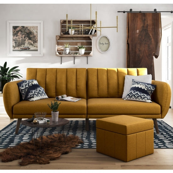 Brittany Linen Fabric Sofa Bed In Mustard With Wooden Legs