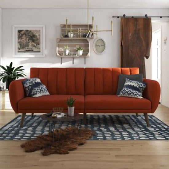 Brittany Linen Fabric Sofa Bed In Orange With Wooden Legs