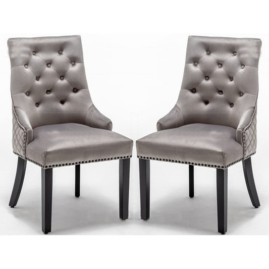 Cambridge Round Knocker Light Grey Velvet Upholstered Dining Chair In Pair