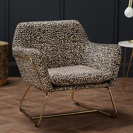 Charles Plush Velvet Armchair In Leopard Print With Gold Legs