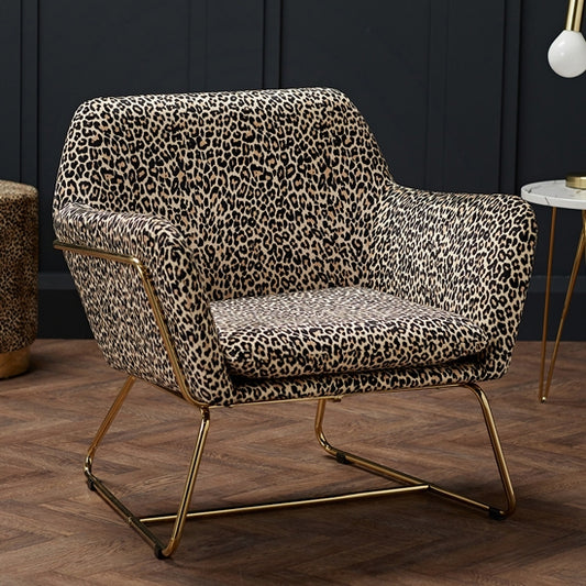 Charles Plush Velvet Armchair In Leopard Print With Gold Legs