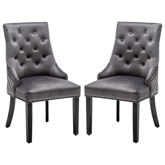 Charleston Lion Knocker Dark Grey Velvet Upholstered Dining Chairs In Pair