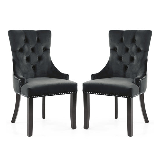 Chester Black Velvet Dining Chairs In Pair With Black Rubber Wood Legs