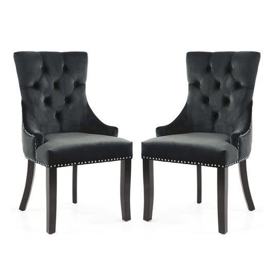 Chester Black Velvet Dining Chairs In Pair With Black Rubber Wood Legs