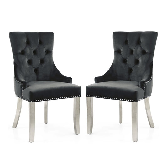 Chester Black Velvet Dining Chairs In Pair With Polished Stainless Steel Legs
