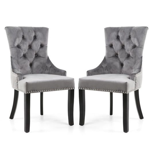 Chester Grey Velvet Dining Chairs In Pair With Black Rubberwood Legs