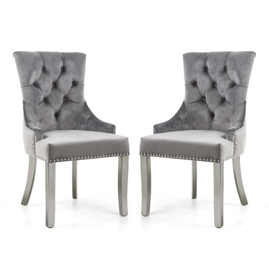 Chester Grey Velvet Dining Chairs In Pair With Polished Stainless Steel Legs