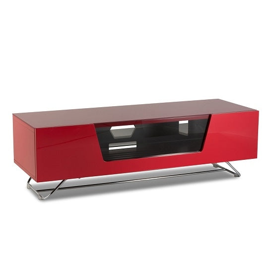 Chromium Medium Wooden TV Stand In Red With Chrome Base