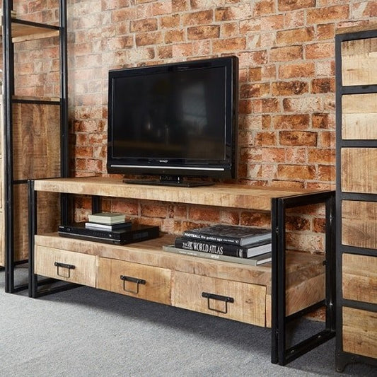 Cosmo Industrial Large Wooden 3 Drawers TV Stand In Oak
