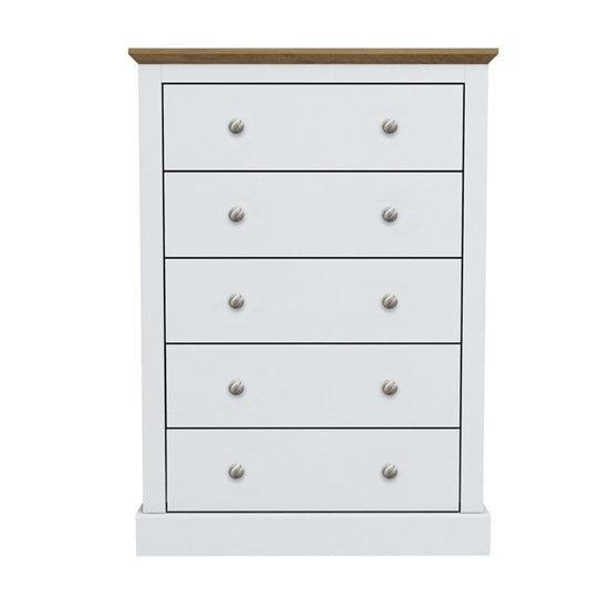 Devon Wooden Chest Of Drawers In White With 5 Drawers