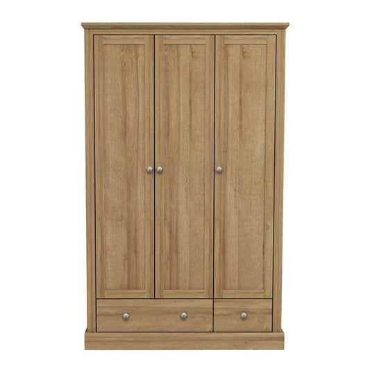 Devon Wooden Wardrobe In Oak With 3 Doors And 2 Drawers