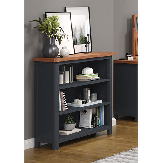 Highland Low Wooden Bookcase In Midnight Blue