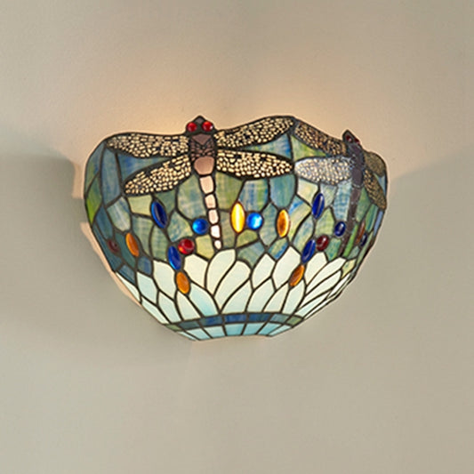 Dragonfly Blue Tiffany Glass Wall Light In Matt Black