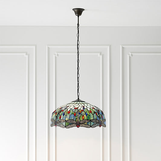 Dragonfly Large Blue Tiffany Glass 3 Lights Ceiling Pendant Light In Dark Bronze