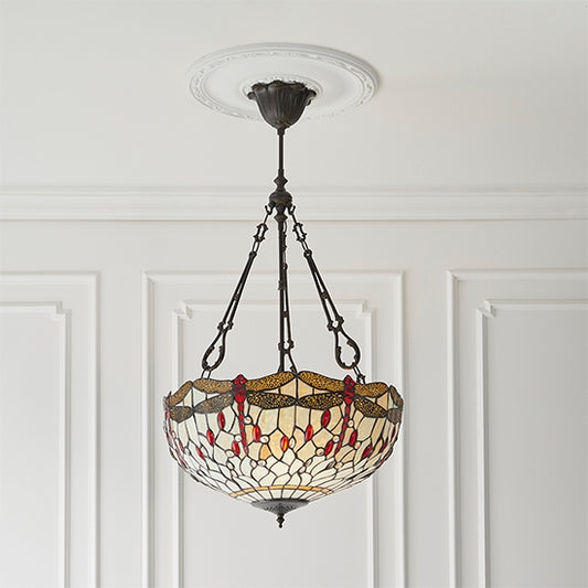 Dragonfly Large Inverted Beige Tiffany Glass 3 Lights Ceiling Pendant Light In Dark Bronze