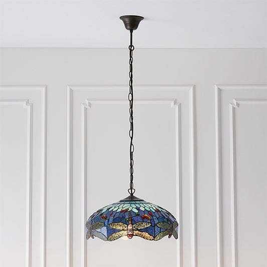 Dragonfly Medium Blue Tiffany Glass 3 Lights Ceiling Pendant Light In Dark Bronze