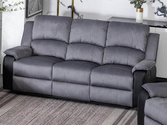 Earlsden Grey Fabric And Black PU Recliner 3 Seater Sofa