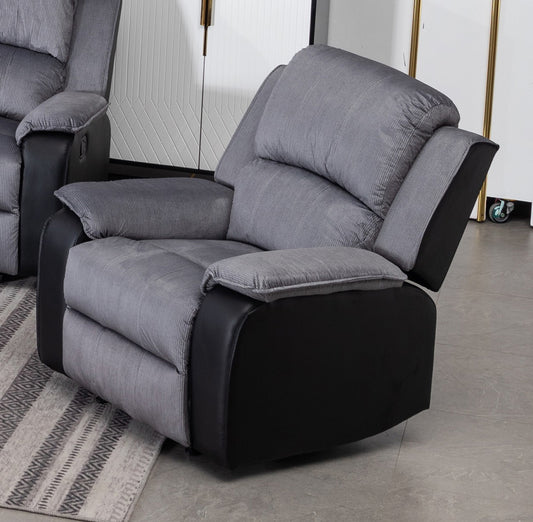 Earlsden Fabric And PU Leather Recliner 1 Seater Sofa In Grey And Black