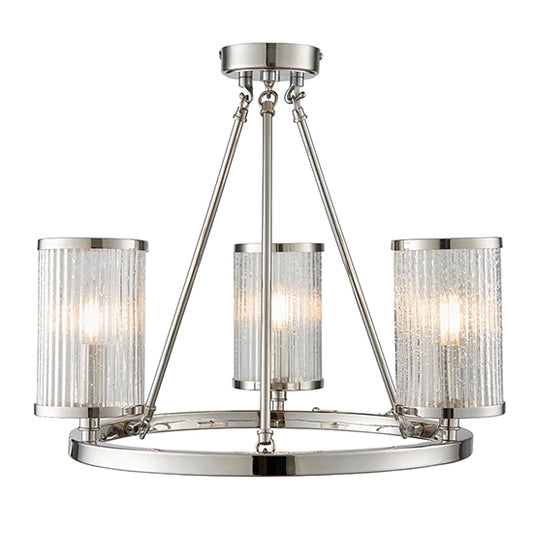Easton 3 Lights Clear Ribbed Glass Semi Flush Ceiling Light In Bright Nickel