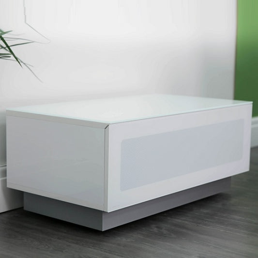 Element Small TV Stand In White With Glass Door
