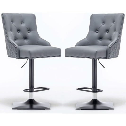 Elizabeth Round Knocker Grey Faux Leather Bar Chairs In Pair
