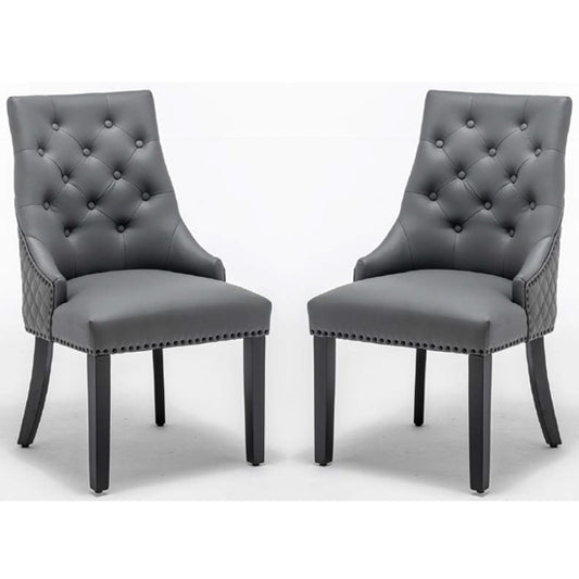 Elizabeth Round Knocker Grey Faux Leather Dining Chairs In Pair