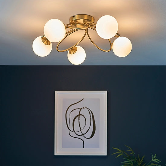Ellipse Matt Opal Glass Shades 5 Lights Semi Flush Ceiling Light In Satin Brass