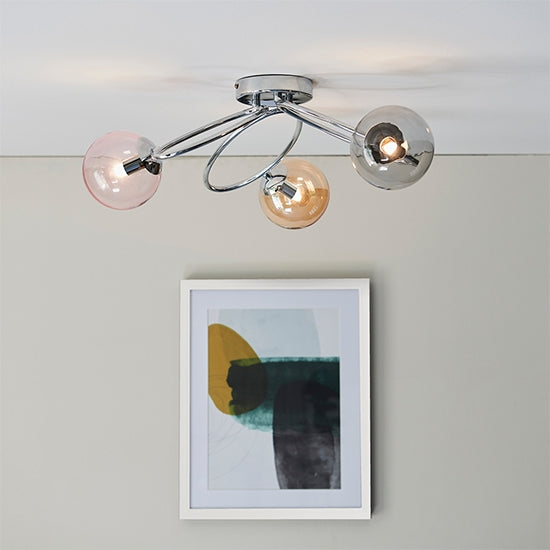 Ellipse Tinted Glass Shades 3 Lights Semi Flush Ceiling Light In Chrome
