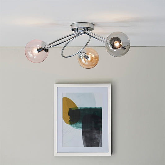 Ellipse Tinted Glass Shades 3 Lights Semi Flush Ceiling Light In Chrome