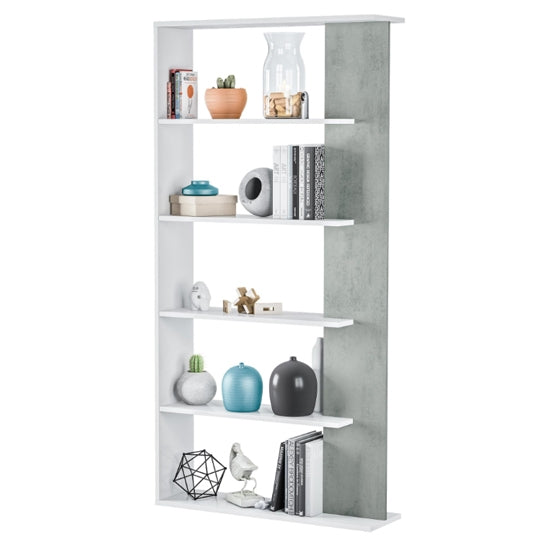 Epping Wooden Bookcase In White And Concrete With 5 Shelves
