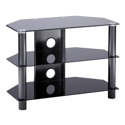 Essentials Medium Glass TV Stand In Black With Glass Shelves