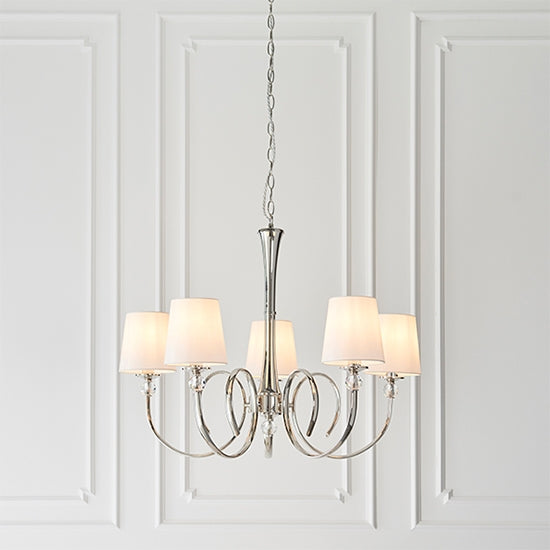 Fabia 5 Lights Ceiling Pendant Light In Polished Nickel With Vintage White Shades