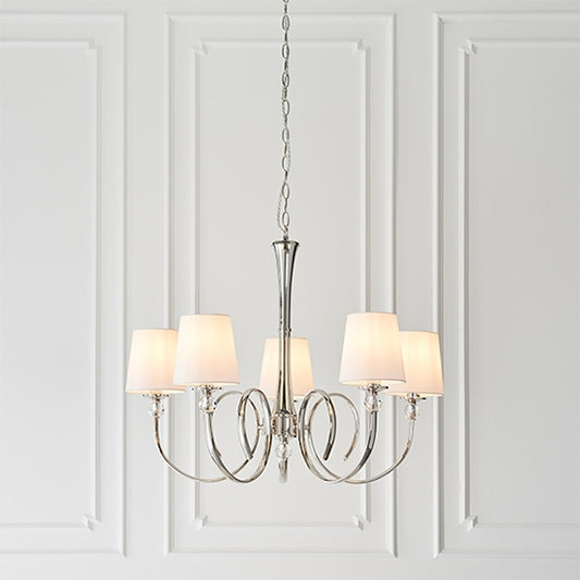Fabia 5 Lights Ceiling Pendant Light In Polished Nickel With Vintage White Shades