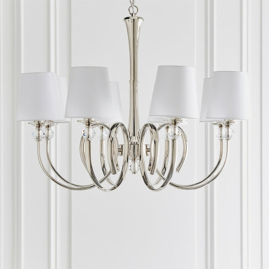 Fabia 8 Lights Ceiling Pendant Light In Polished Nickel With Vintage White Shades