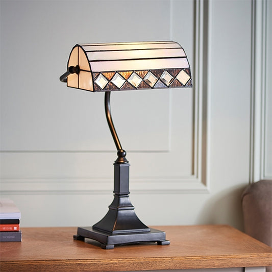 Fargo Tiffany Glass Bankers Table Lamp In Dark Bronze