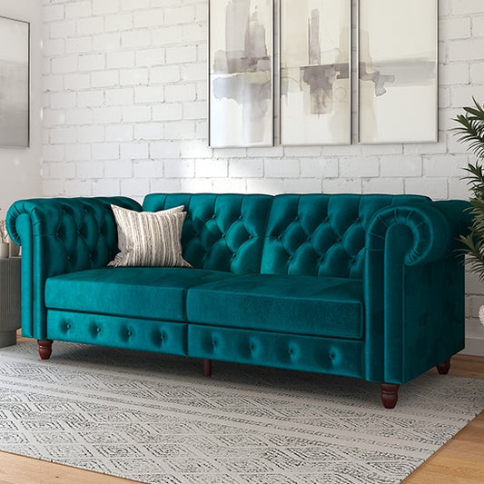 Felix Chesterfield Velvet Upholstered Sofa Bed In Green