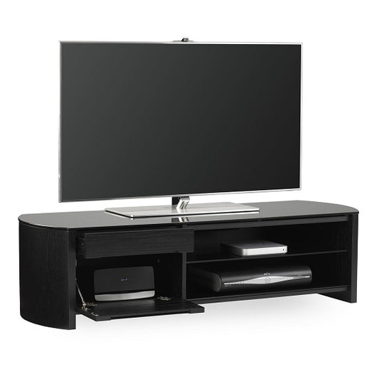 Finewoods Medium Wooden TV Stand In Black Oak With Black Glass