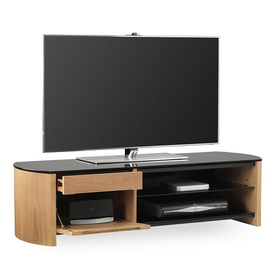 Finewoods Medium Wooden TV Stand In Light Oak With Black Glass